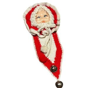 Vintage Santa Face Door Hanger With Bells Crochet Christmas Decoration Handmade